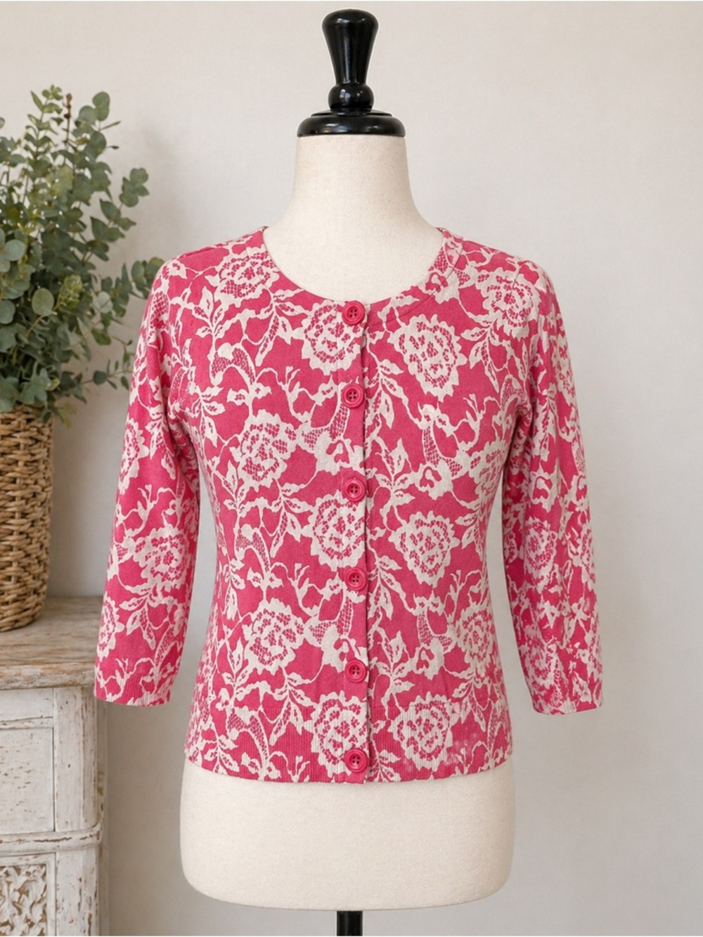 Pink Floral Cardigan Sweater Small Cottagecore Button Front Cotton
